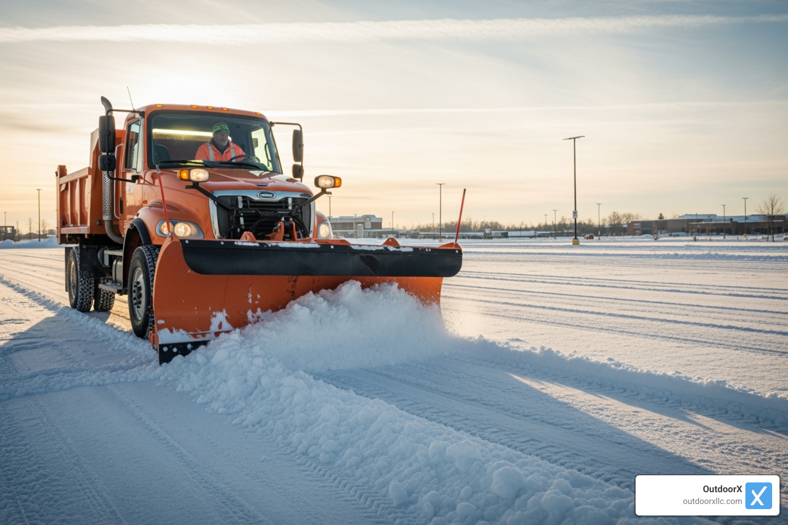 A professional commercial snow plow is captured in action clearing a large parking lot at dawn, with the rising sun casting long shadows across the freshly plowed snow. - commercial landscaping winter A professional commercial snow plow is captured in action clearing a large parking lot at dawn, with the rising sun casting long shadows across the freshly plowed snow. - commercial landscaping winter
