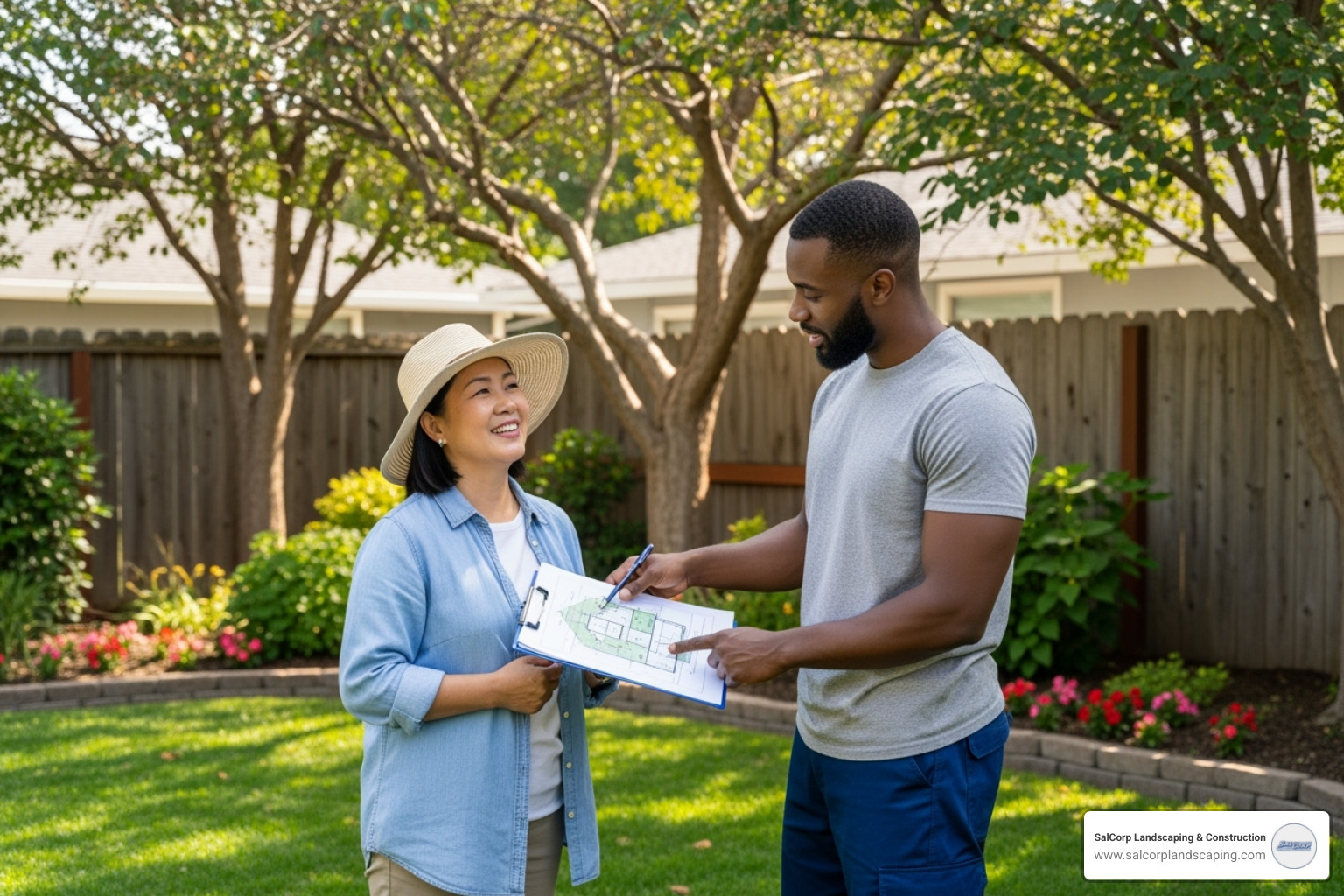 Homeowner discussing cleanup plan with landscaping professional - Spring and Fall Cleanup Services Homeowner discussing cleanup plan with landscaping professional - Spring and Fall Cleanup Services
