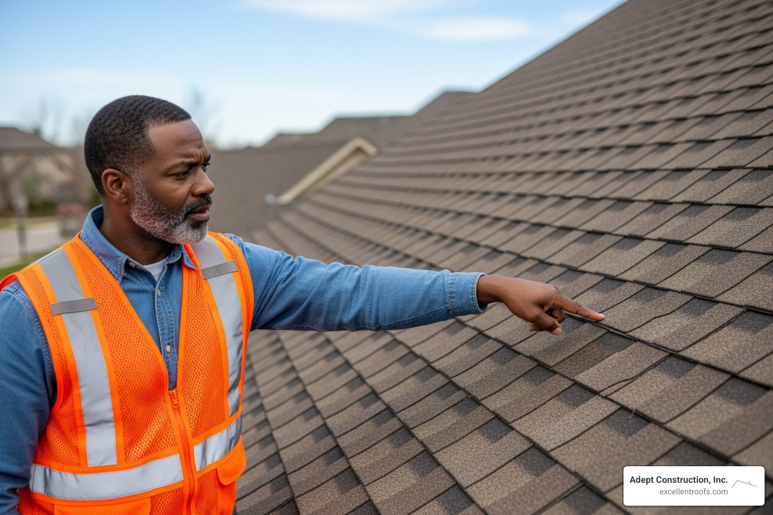 Roof inspector pointing to a damaged shingle - roof inspection naperville il Roof inspector pointing to a damaged shingle - roof inspection naperville il