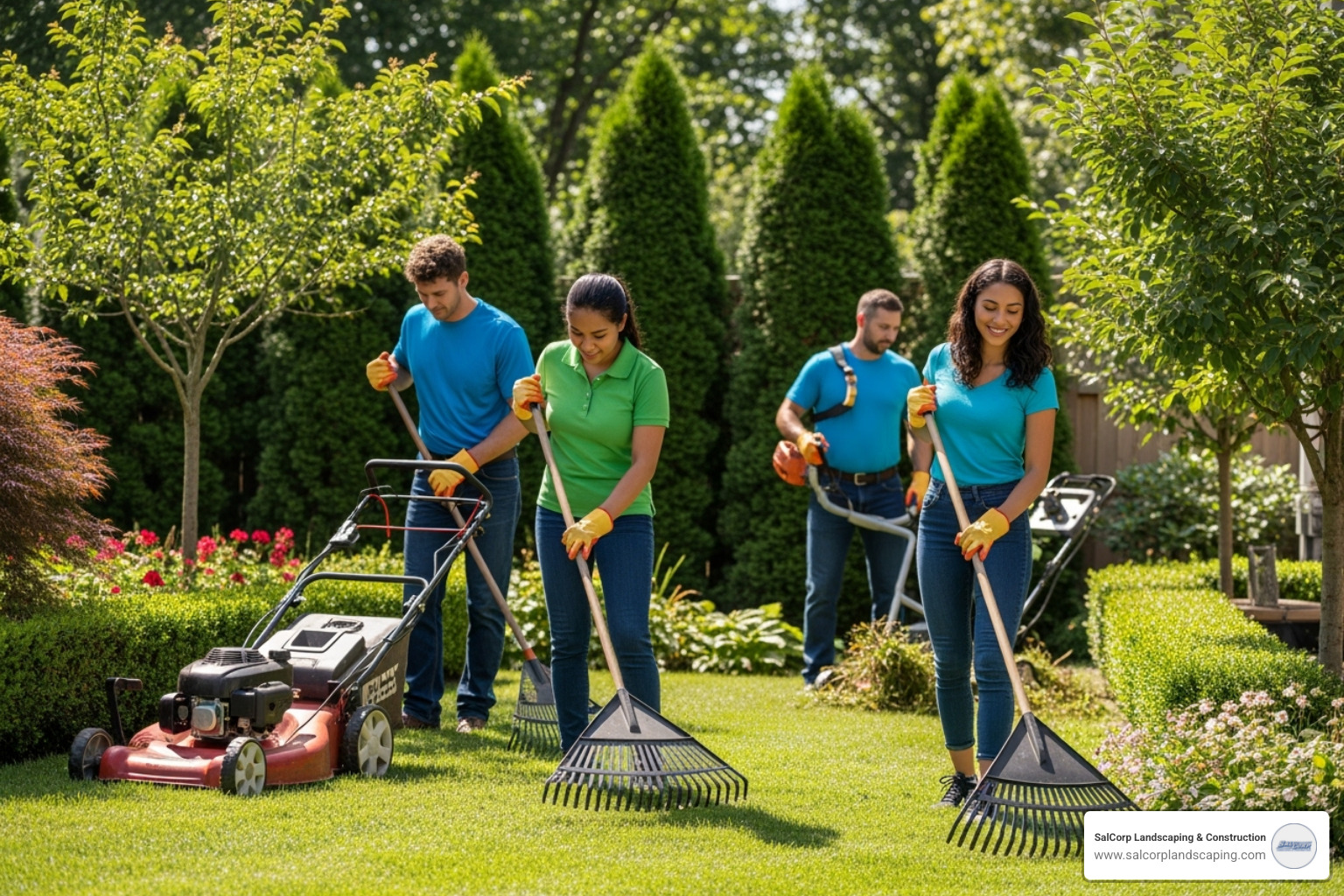 Professional landscaping crew working - Spring and Fall Cleanup Services Professional landscaping crew working - Spring and Fall Cleanup Services