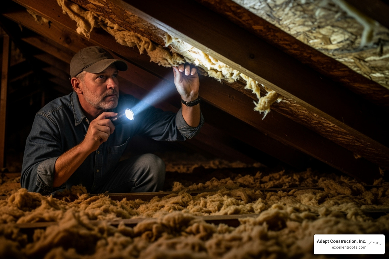 Inspector using a flashlight in a home's attic space - roof inspection naperville il Inspector using a flashlight in a home's attic space - roof inspection naperville il