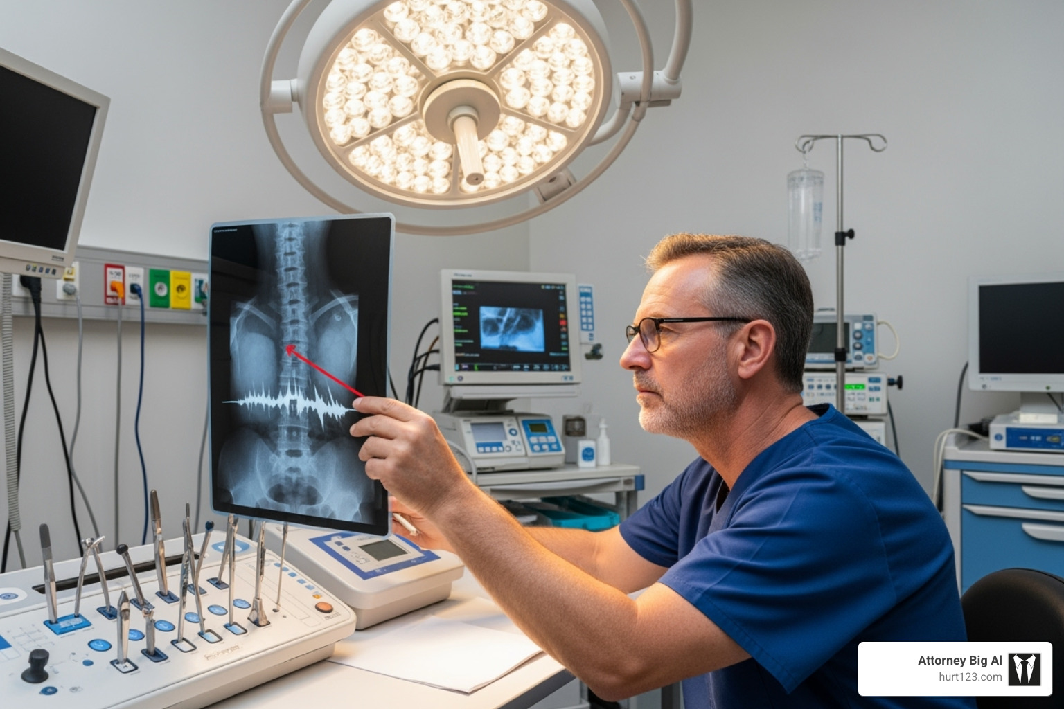 A medical professional examining an X-ray of a spine, highlighting severe injuries often sustained in truck accidents. - semi truck accident attorneys A medical professional examining an X-ray of a spine, highlighting severe injuries often sustained in truck accidents. - semi truck accident attorneys