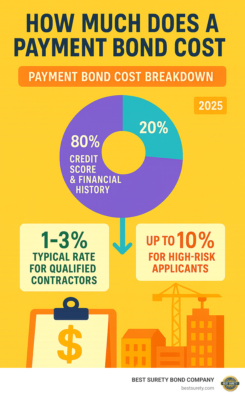 Infographic showing payment bond cost breakdown: 80% determined by credit score and financial history, 20% by project factors like size and duration, with typical rates ranging from 1-3% for qualified contractors up to 10% for high-risk applicants - how much does a payment bond cost infographic 