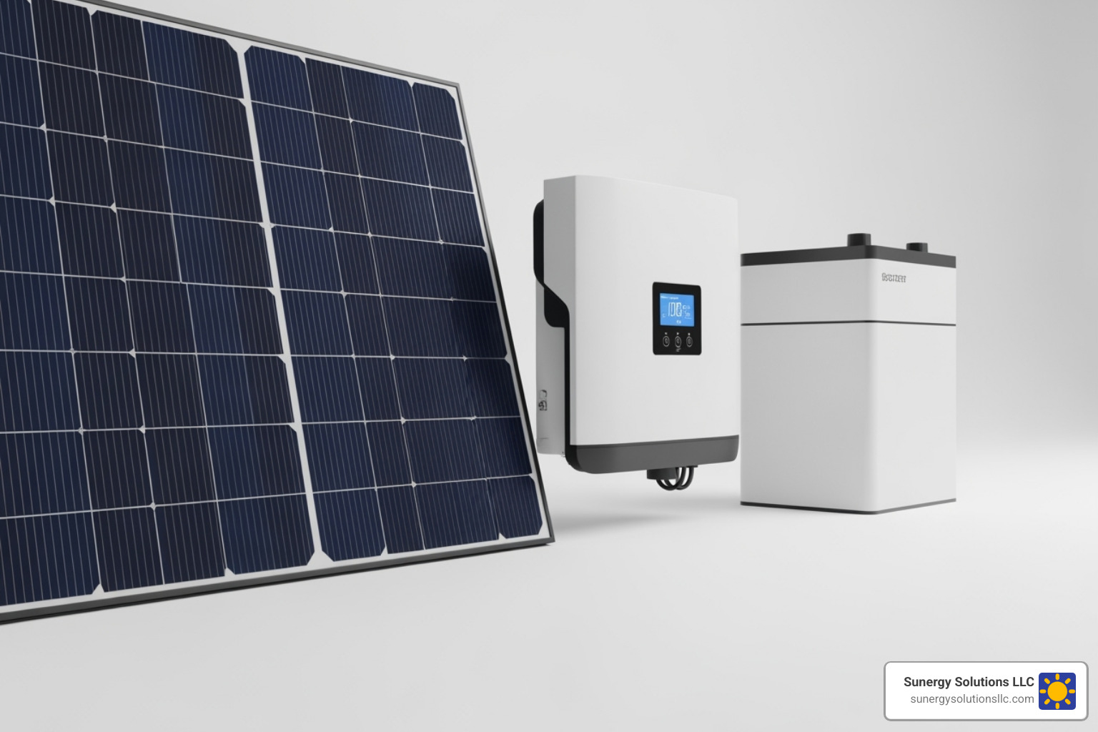 A clean, well-lit image showcasing the key components of a residential solar system: a shiny solar panel, a compact inverter, and a modern battery unit, arranged neatly on a simple background to emphasize their individual forms and functions - solar energy for homes