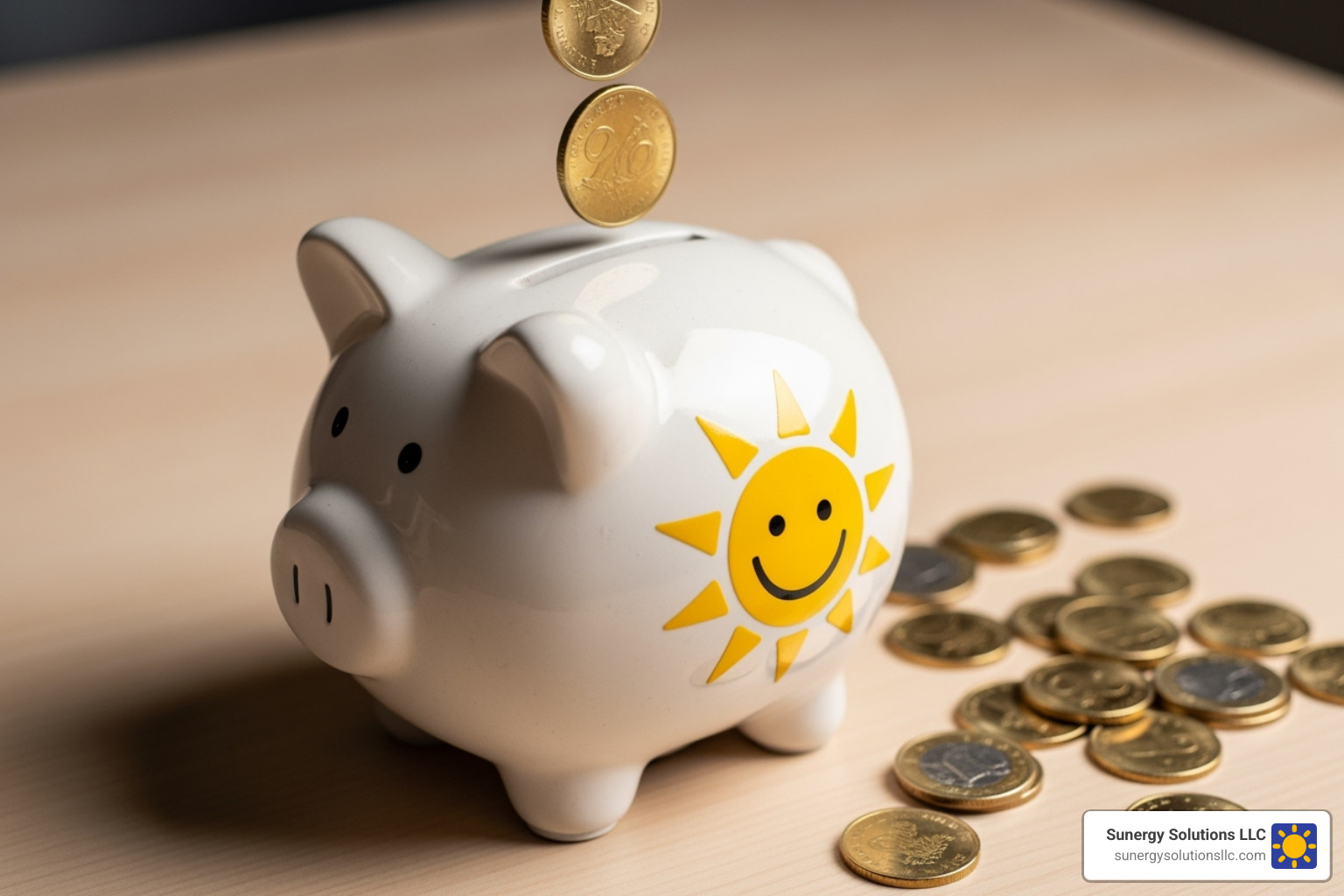 A piggy bank with a bright yellow sun logo on its side, with several shiny coins being dropped into its slot, symbolizing savings and financial growth from solar energy - solar energy for homes