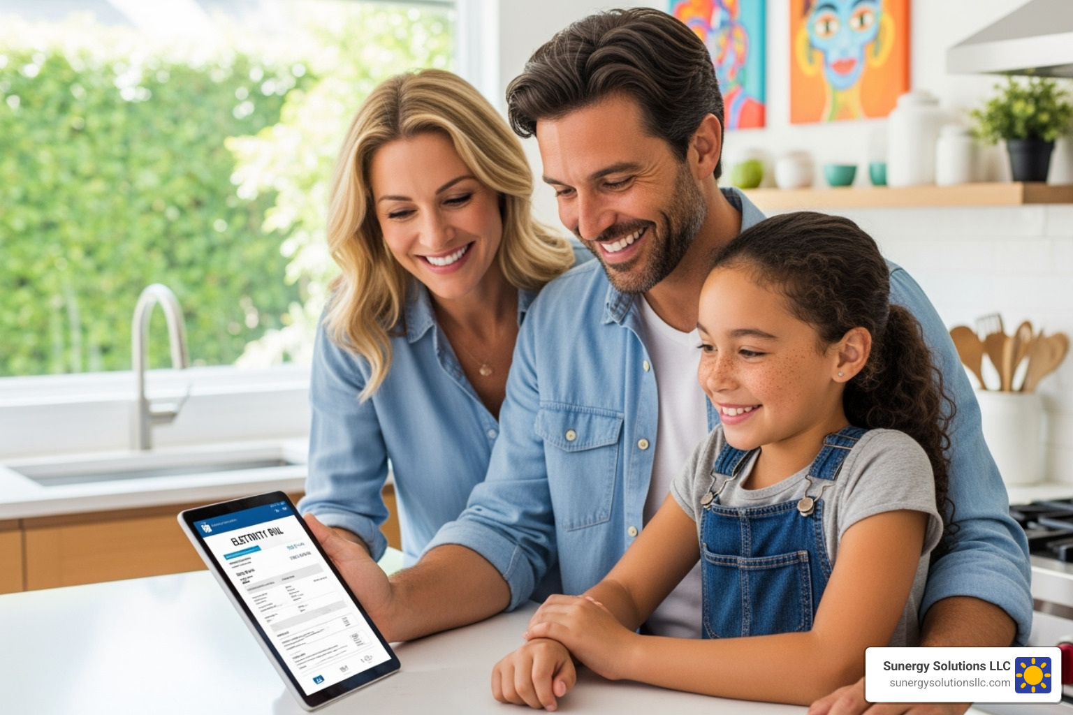 Happy American family looking at their low electricity bill on a tablet - solar energy for homes