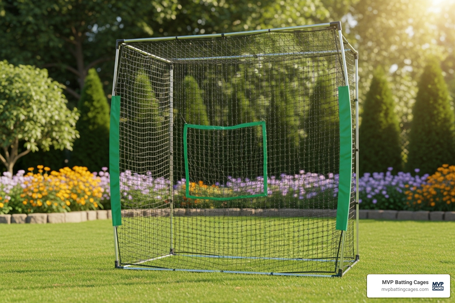 completed, well-maintained backyard batting cage looking clean and sturdy - baseball net cage