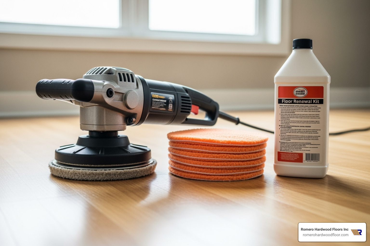 DIY tools like a buffer, pads, and a floor renewal kit - sandless floor finishing