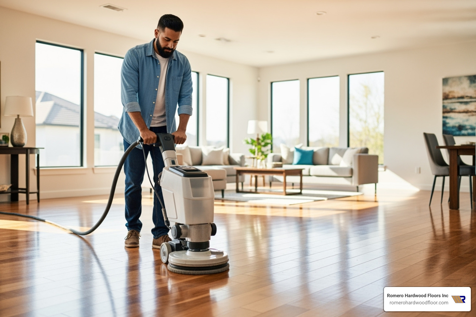 technician using a floor buffer machine - sandless floor finishing