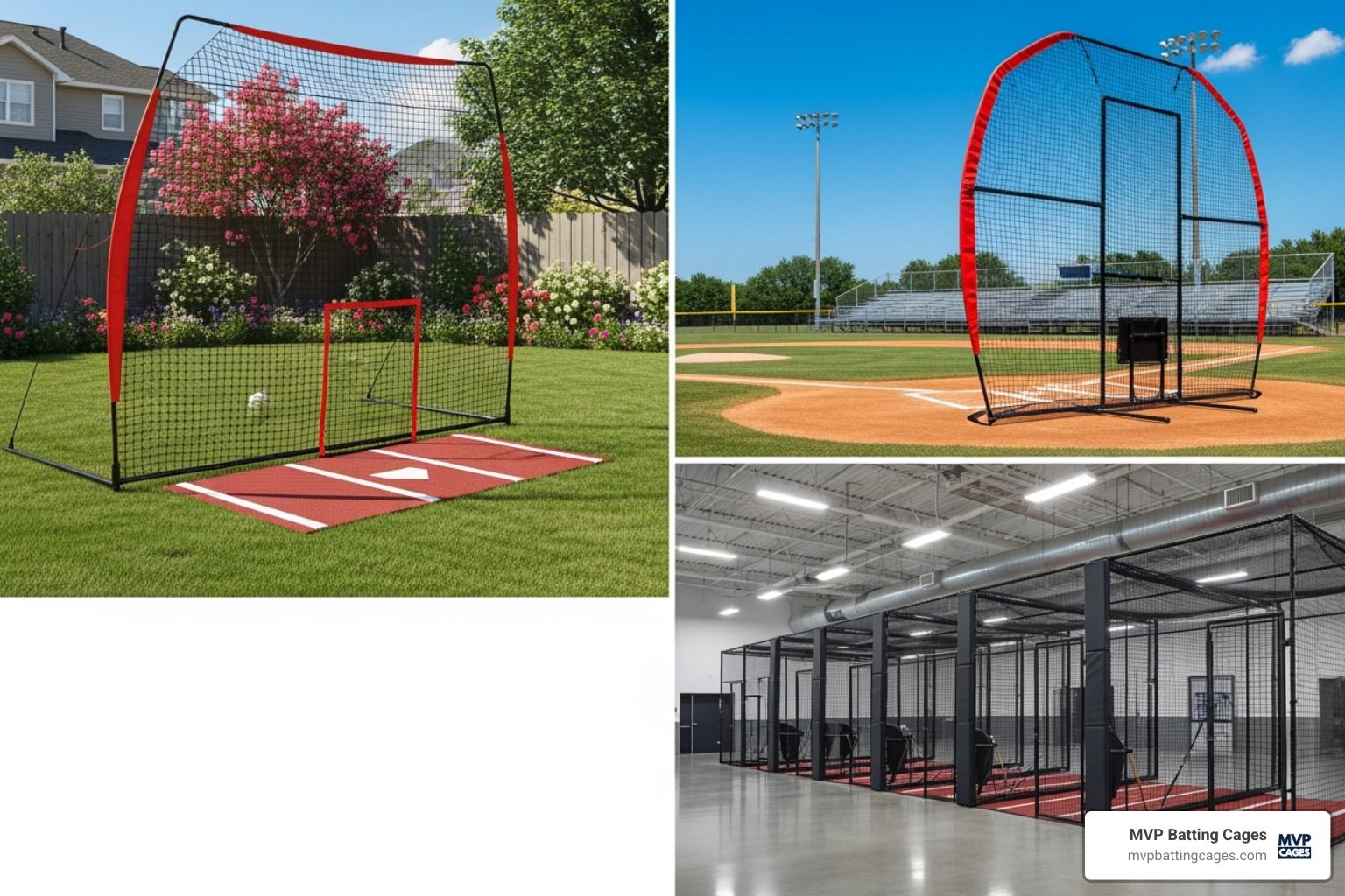 collage showing a portable cage in a yard, a fixed cage at a school, and an indoor facility cage - baseball net cage