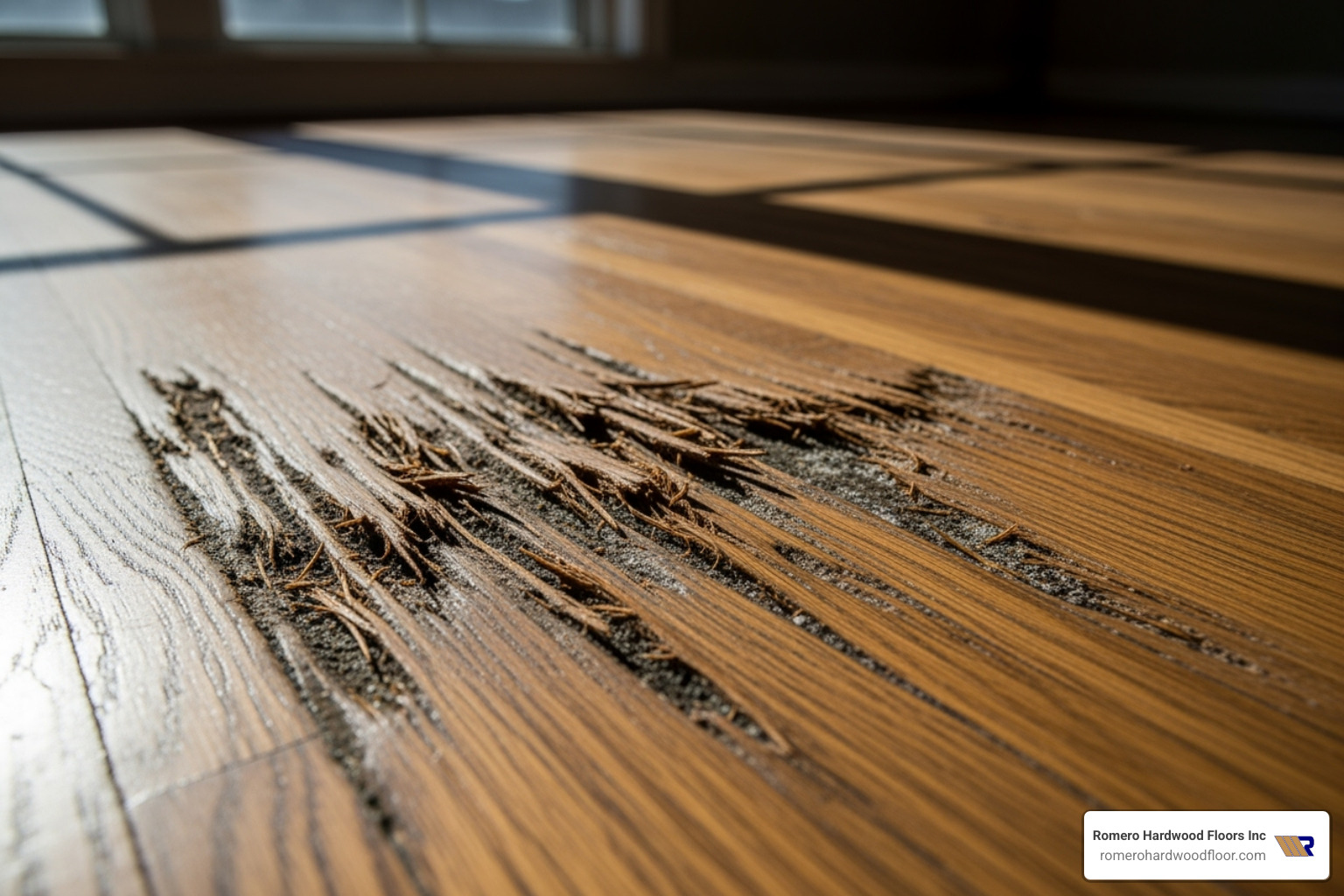 deeply gouged and water-damaged floor that is unsuitable for sandless methods - sandless floor finishing