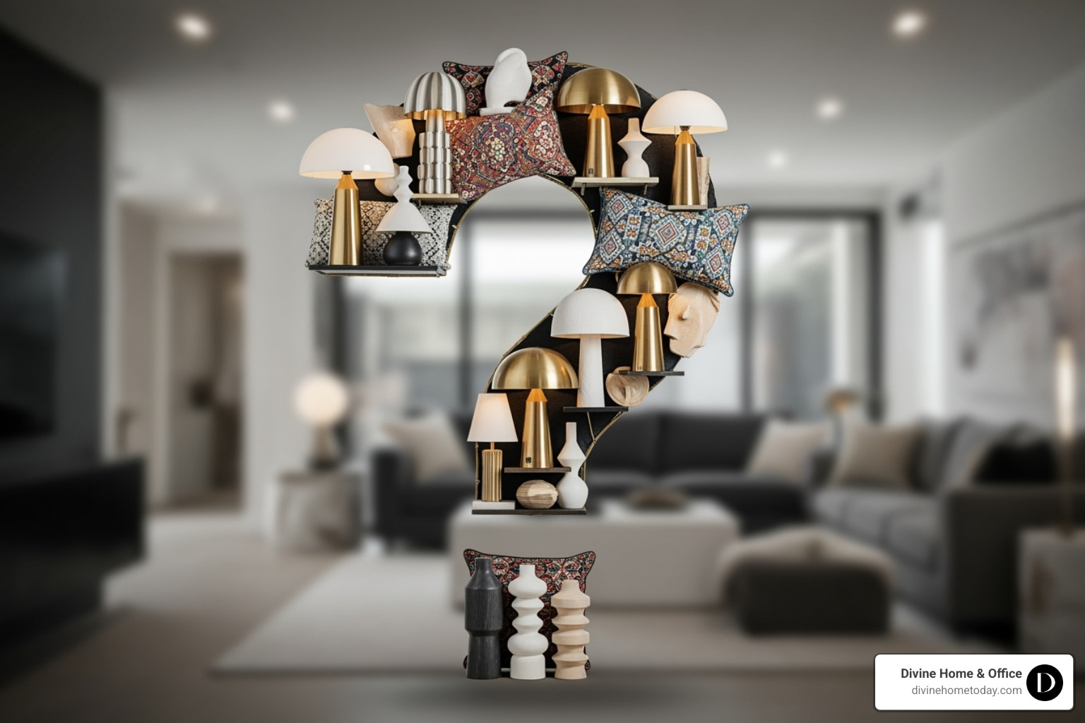 A stylized question mark formed from various home decor items like cushions, lamps, and small sculptures, set against a blurred background of a modern living space. - staging consultation services A stylized question mark formed from various home decor items like cushions, lamps, and small sculptures, set against a blurred background of a modern living space. - staging consultation services