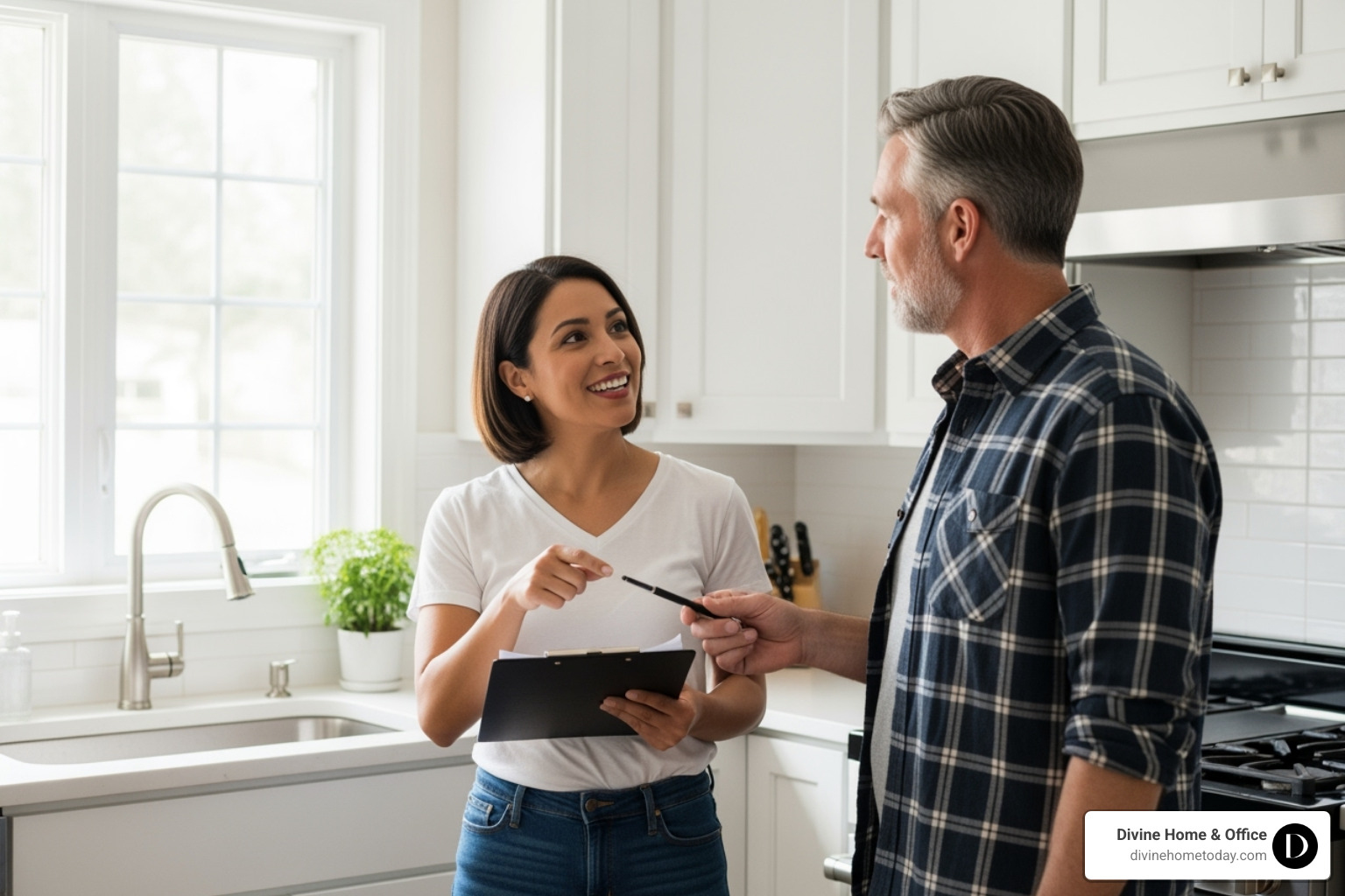 A home stager, clipboard in hand, conversing with a homeowner in a bright, organized kitchen, pointing out potential staging improvements. - staging consultation services A home stager, clipboard in hand, conversing with a homeowner in a bright, organized kitchen, pointing out potential staging improvements. - staging consultation services