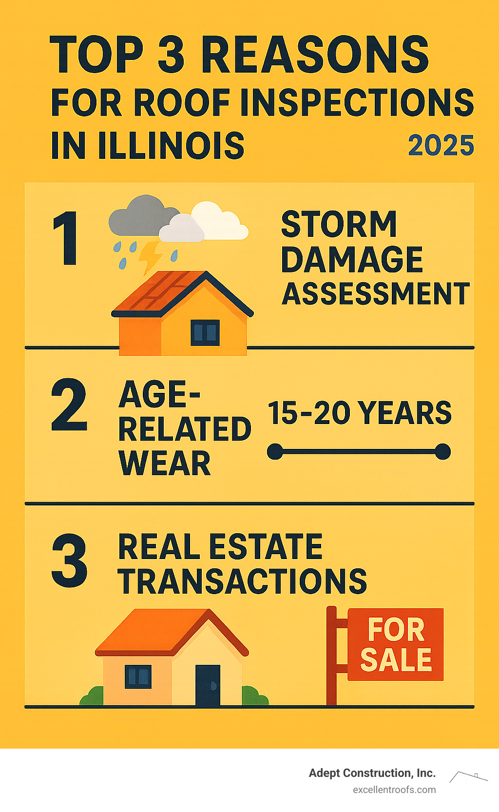 Comprehensive infographic showing the top 3 reasons for roof inspections in Illinois: storm damage assessment with weather icons, age-related wear timeline showing 15-20 year roof lifespan, and real estate transactions with house sale symbols - roof inspection naperville il infographic  Comprehensive infographic showing the top 3 reasons for roof inspections in Illinois: storm damage assessment with weather icons, age-related wear timeline showing 15-20 year roof lifespan, and real estate transactions with house sale symbols - roof inspection naperville il infographic