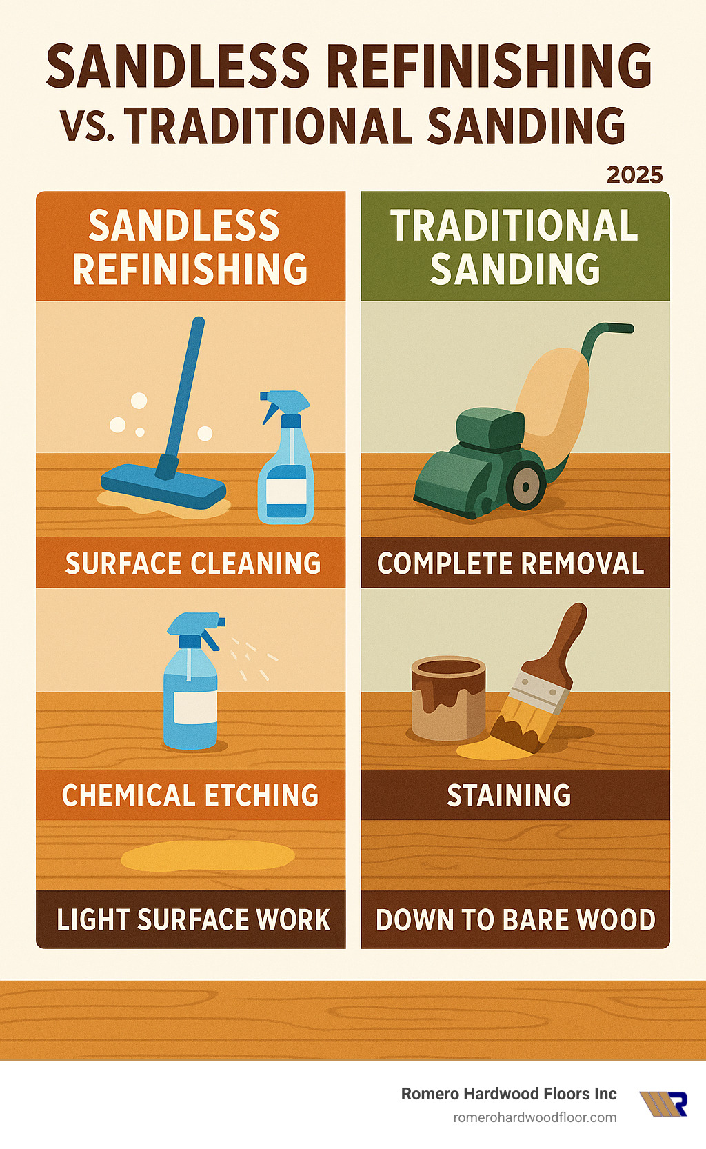 Infographic showing sandless refinishing process: surface cleaning and chemical etching with new topcoat application versus traditional sanding process: complete removal of existing finish down to bare wood followed by staining and multiple finish coats - sandless floor finishing infographic 