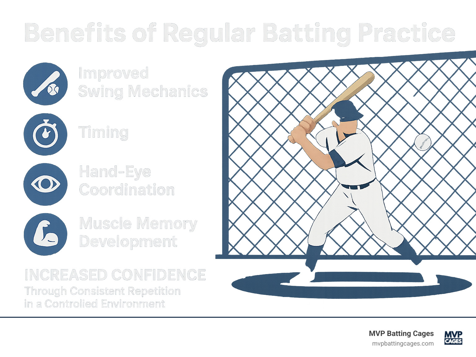 Benefits of regular batting practice including improved swing mechanics, timing, hand-eye coordination, muscle memory development, and increased confidence through consistent repetition in a controlled environment - baseball net cage infographic 
