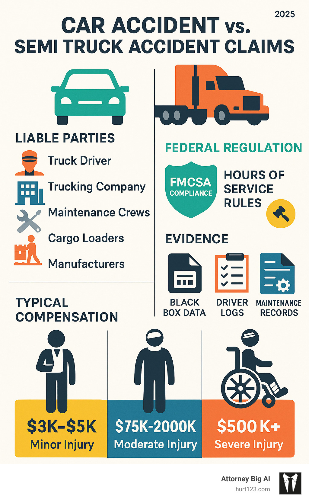 Infographic showing the complex differences between car accident and semi truck accident claims, including multiple liable parties (truck driver, trucking company, maintenance crews, cargo loaders, manufacturers), federal regulations (FMCSA compliance, hours of service rules), evidence types (black box data, driver logs, maintenance records), and typical compensation ranges for different injury severities - semi truck accident attorneys infographic Infographic showing the complex differences between car accident and semi truck accident claims, including multiple liable parties (truck driver, trucking company, maintenance crews, cargo loaders, manufacturers), federal regulations (FMCSA compliance, hours of service rules), evidence types (black box data, driver logs, maintenance records), and typical compensation ranges for different injury severities - semi truck accident attorneys infographic