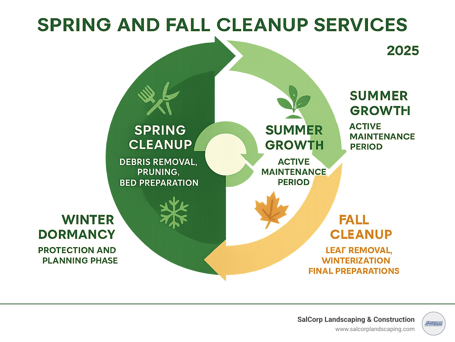 Infographic showing the annual property maintenance cycle: Spring Cleanup (debris removal, pruning, bed preparation) leading to Summer Growth (active maintenance period), then Fall Cleanup (leaf removal, winterization, final preparations) followed by Winter Dormancy (protection and planning phase), completing the cycle back to Spring - Spring and Fall Cleanup Services infographic Infographic showing the annual property maintenance cycle: Spring Cleanup (debris removal, pruning, bed preparation) leading to Summer Growth (active maintenance period), then Fall Cleanup (leaf removal, winterization, final preparations) followed by Winter Dormancy (protection and planning phase), completing the cycle back to Spring - Spring and Fall Cleanup Services infographic