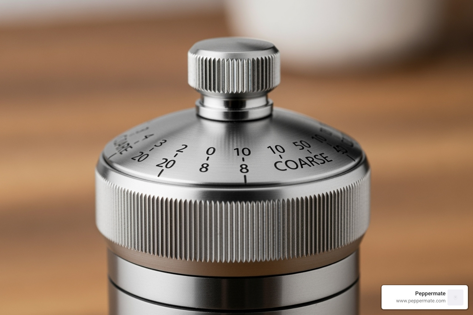 A close-up of a Peppermate mill's adjustable grind setting dial - best pepper grinder mill