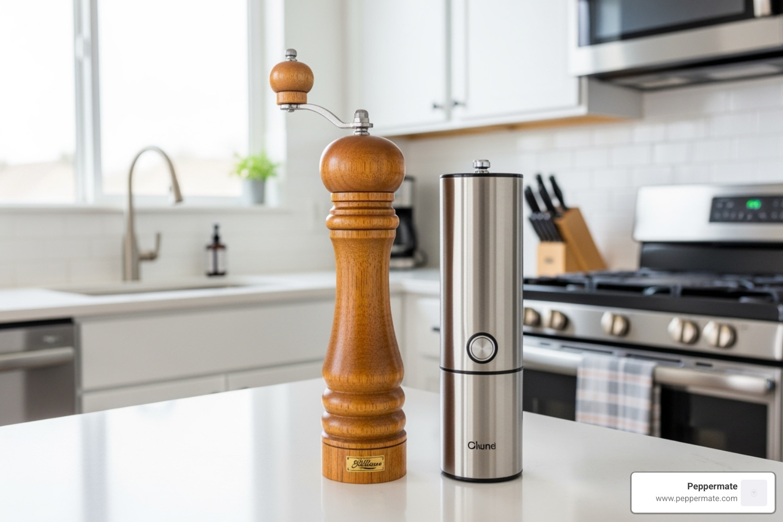 A classic manual Peppermate mill next to a modern electric-style Peppermate grinder - best pepper grinder mill