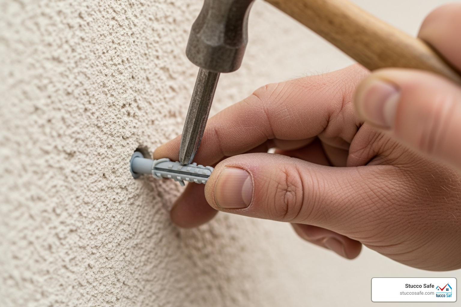 Image of an anchor being gently tapped into a freshly drilled hole in stucco - best way to drill into stucco