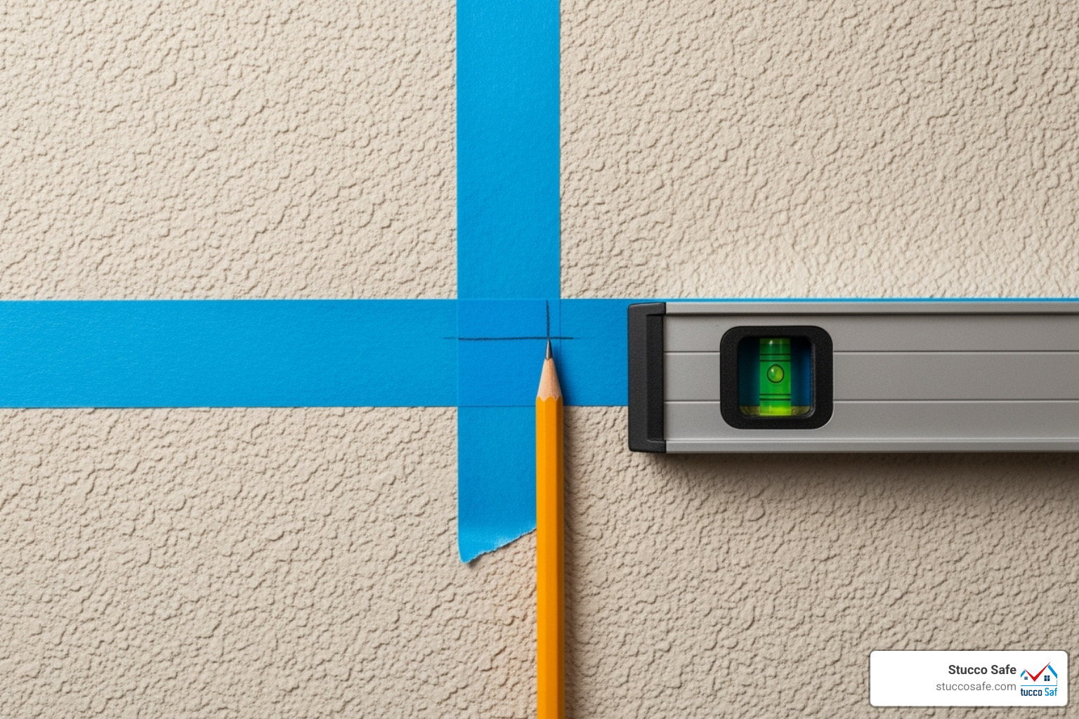 Image of a wall with a strip of blue painter's tape and a pencil mark made with a level - best way to drill into stucco