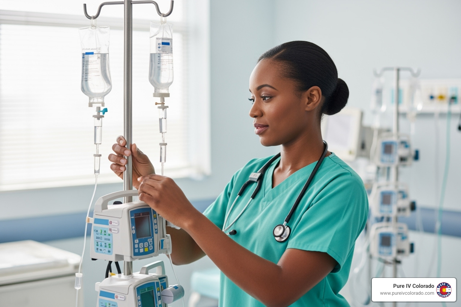 qualified nurse preparing an IV drip in a sterile environment - iv infusion bar