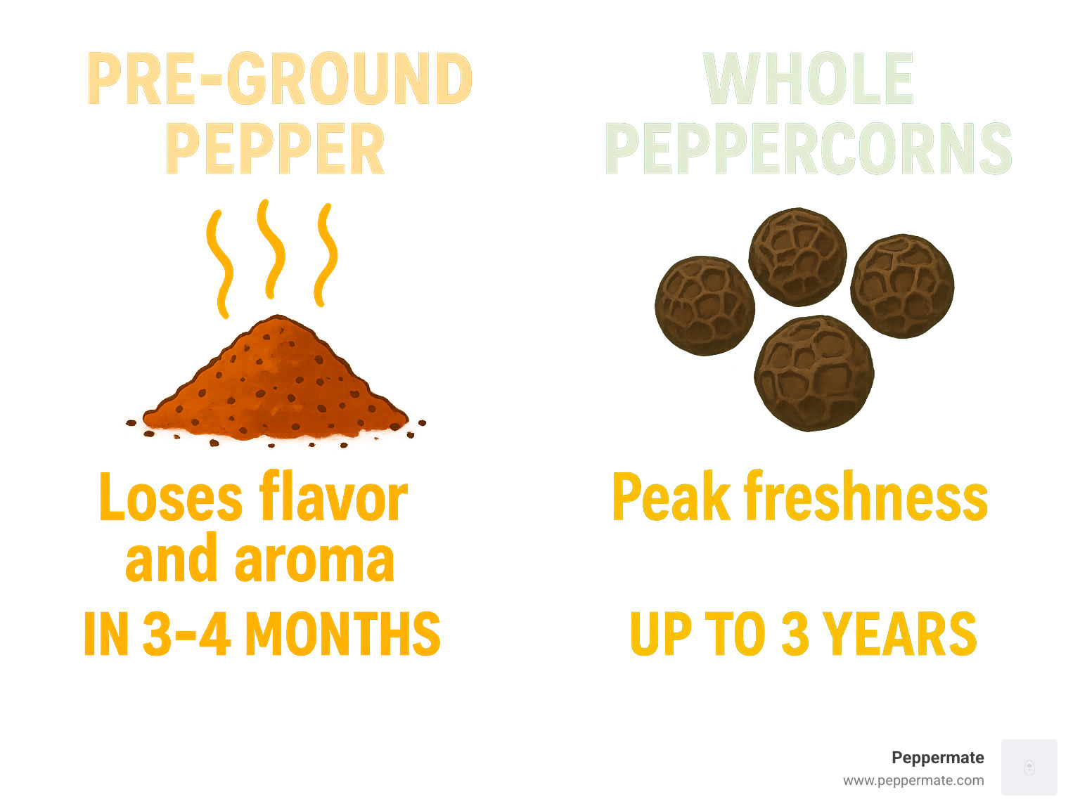 Infographic comparing pre-ground pepper losing flavor and aroma over 3-4 months versus whole peppercorns maintaining peak freshness for up to 3 years, with visual representation of volatile oils escaping from ground pepper - best pepper grinder mill infographic 