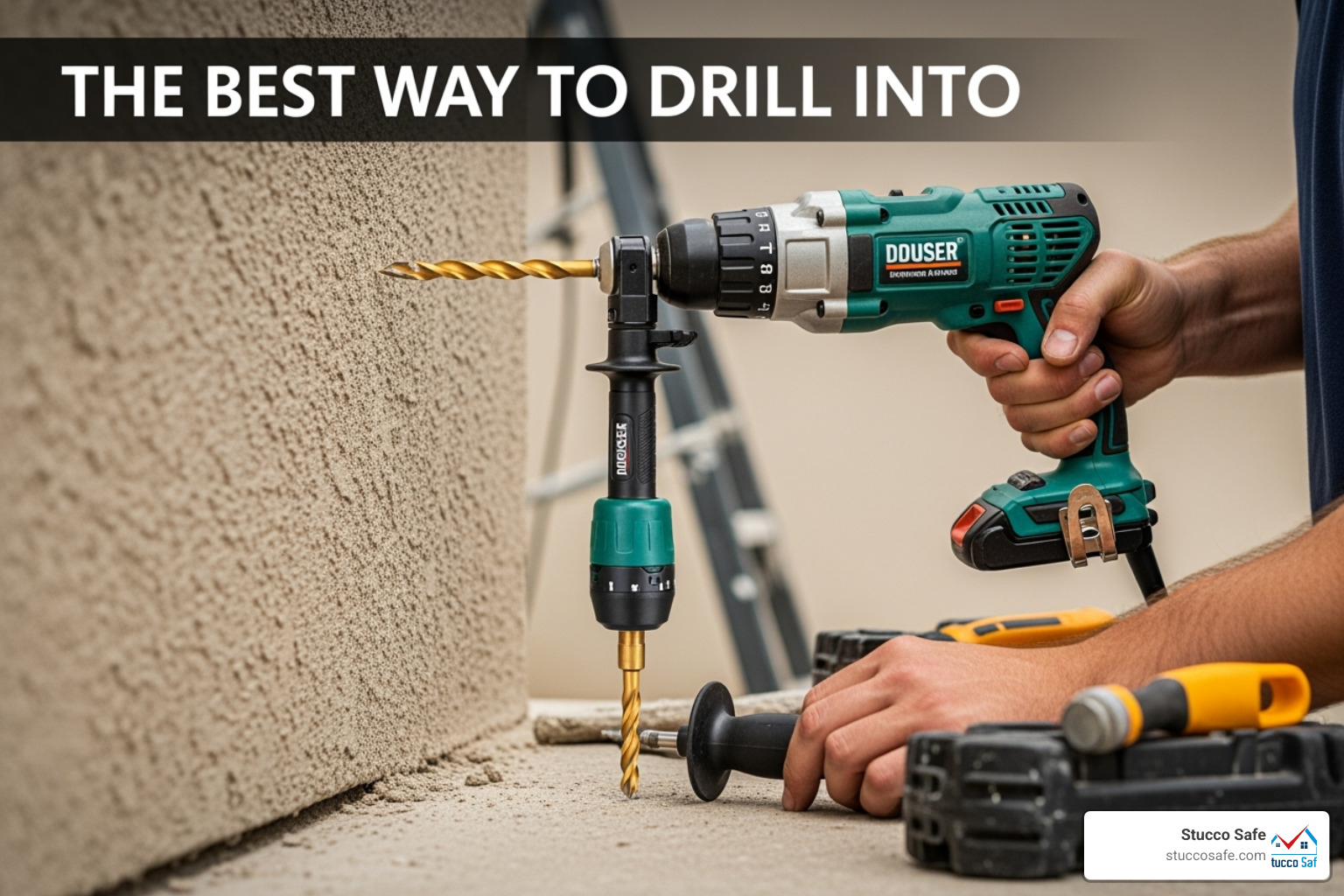 Image of all the necessary tools and materials laid out: a hammer drill, masonry bits, anchors, screws, caulk, safety goggles, and painter's tape - best way to drill into stucco