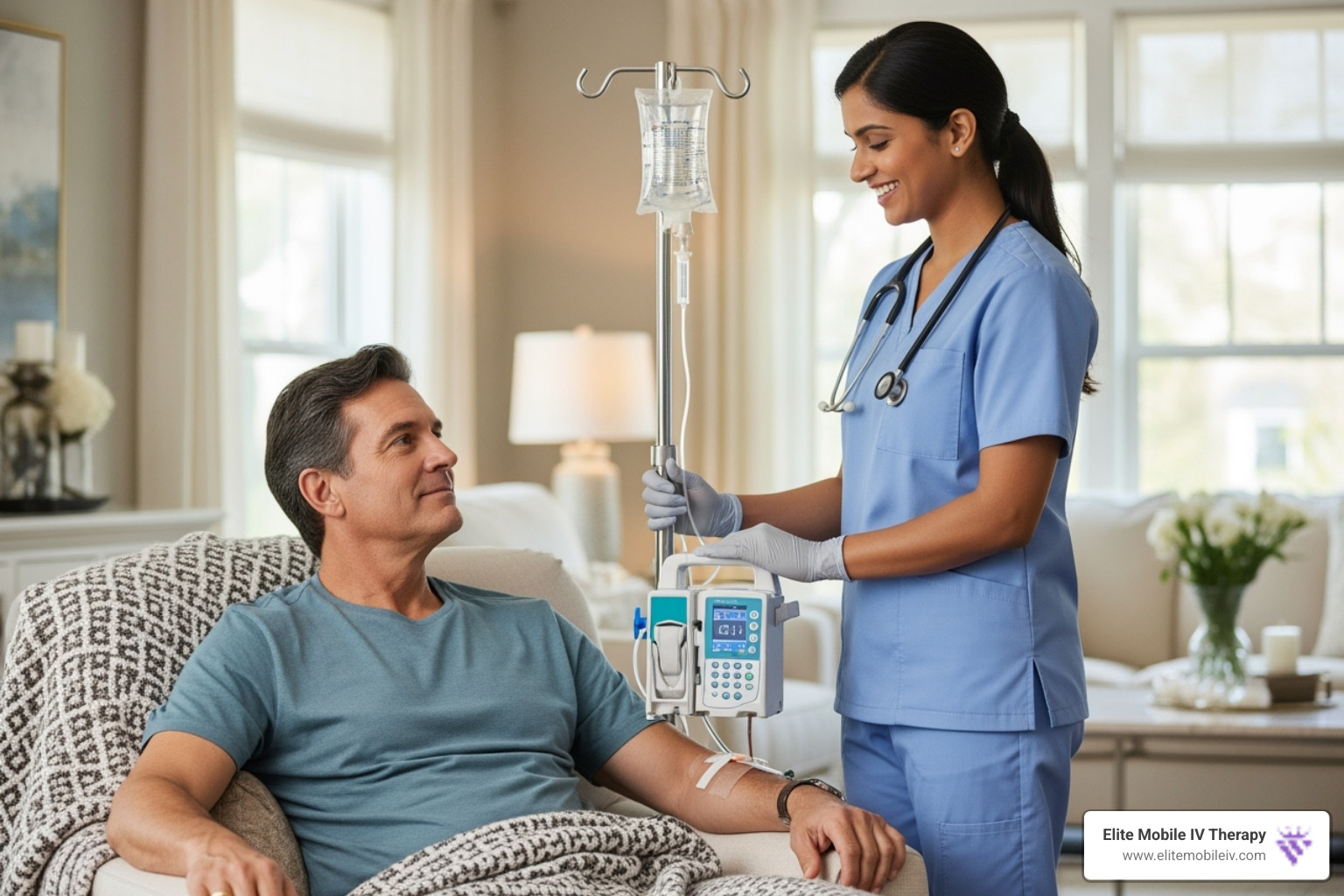 A nurse administering an IV in a comfortable home setting, showing the convenience of mobile IV therapy - IV therapy in Raleigh