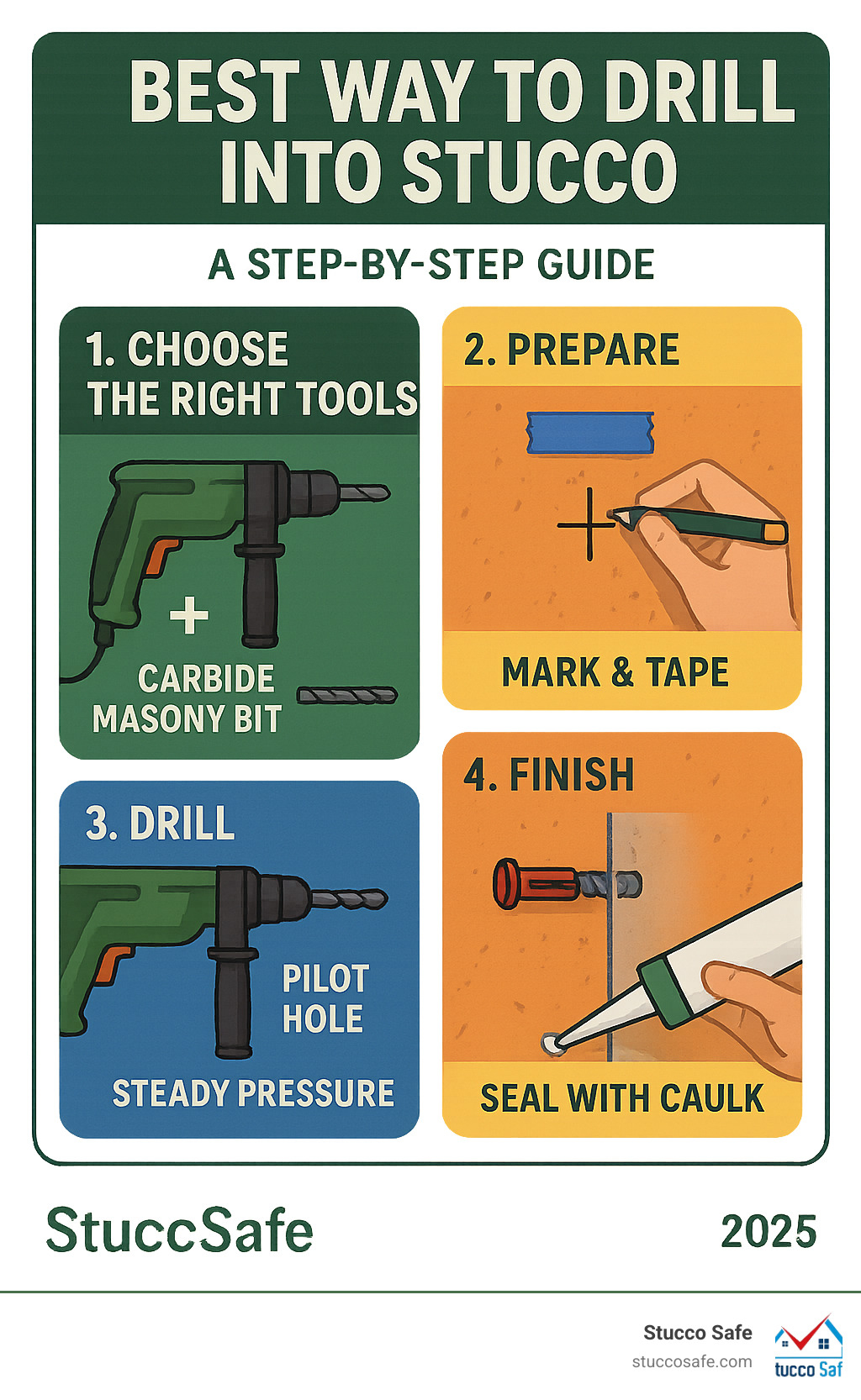 Detailed infographic showing the step-by-step process for drilling into stucco, including tool selection (hammer drill and carbide masonry bits), preparation steps (marking and taping), drilling technique (pilot hole first, steady pressure), and finishing steps (cleaning debris, inserting anchor, sealing with caulk) - best way to drill into stucco infographic 