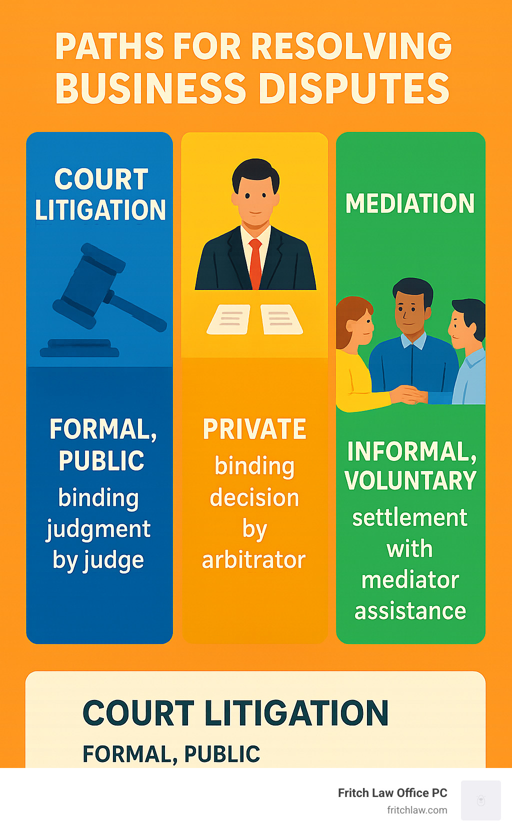Infographic showing the three main paths for resolving business disputes: Court Litigation (formal, public, binding judgment by judge), Arbitration (private, binding decision by arbitrator), and Mediation (informal, voluntary settlement with mediator assistance) - business dispute brought to a court of law for adjudication infographic 