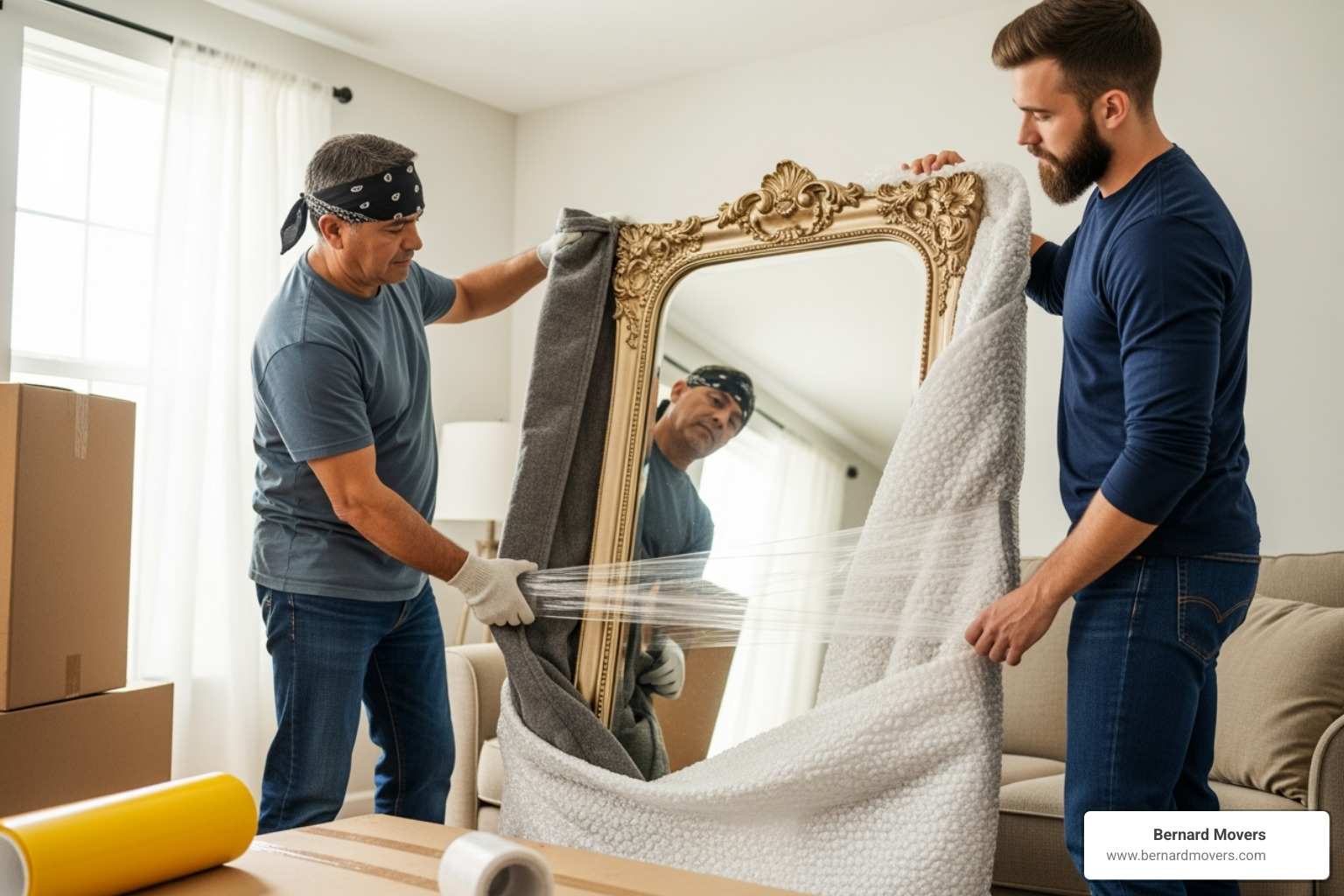 Bernard Movers team carefully wrapping a large mirror or piece of art - Chicago cross-country movers