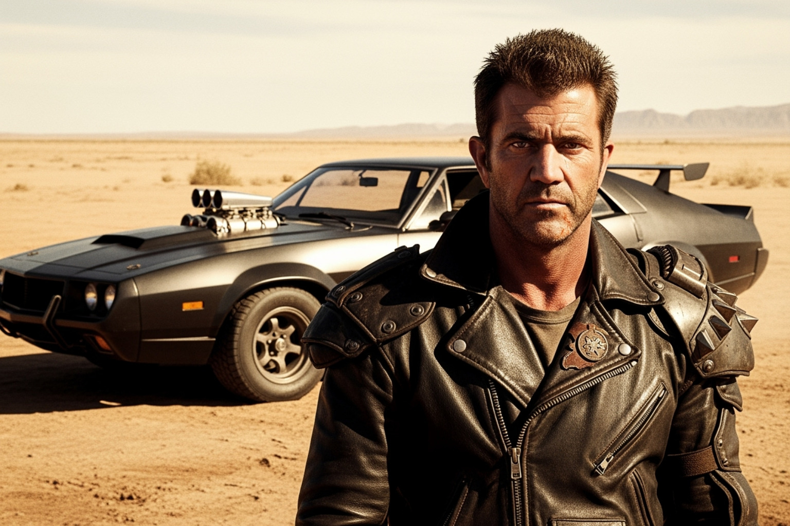 Mel Gibson in his iconic Mad Max leather jacket, standing next to a souped-up interceptor car, embodying the gritty action hero role - mel gibson