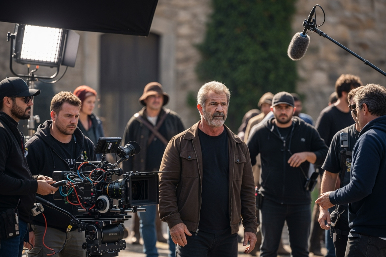 Mel Gibson on a film set, directing a scene with intense focus, surrounded by crew and equipment - mel gibson