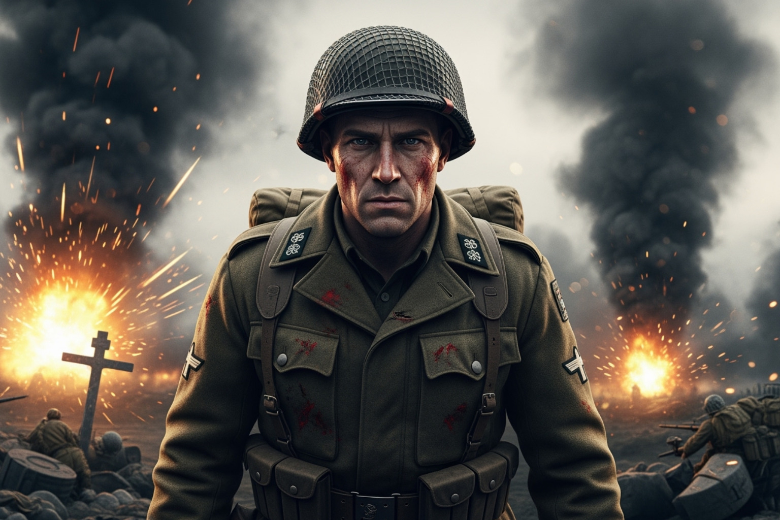Movie poster for Hacksaw Ridge, featuring Andrew Garfield as Desmond Doss, with a backdrop of intense battlefield action and a cross, symbolizing faith amidst war - mel gibson