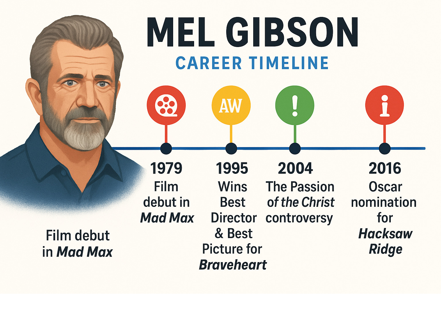 Infographic showing Mel Gibson's career timeline from 1979 Mad Max debut through 2016 Hacksaw Ridge Oscar nomination, including major film releases, awards, controversies, and box office milestones - mel gibson infographic 