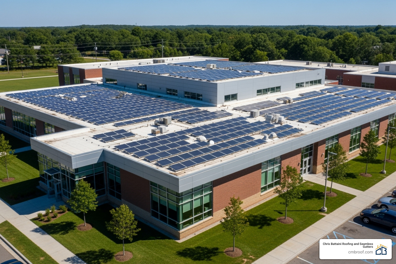 school roof with solar panels installed - educational facility roofing