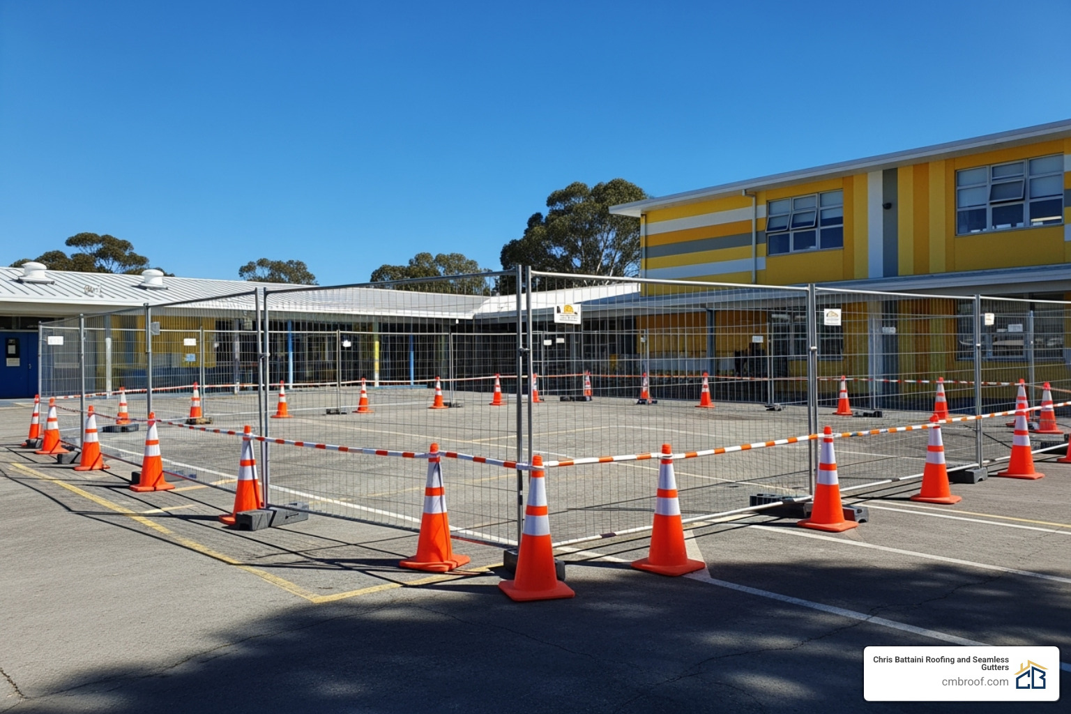clearly marked and secured roofing work zone on a school campus - educational facility roofing