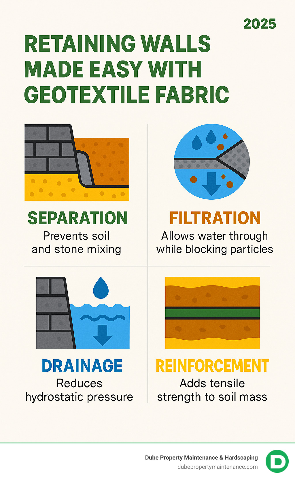 Infographic showing the four main functions of geotextile fabric in retaining walls: Separation (preventing soil and stone mixing), Filtration (allowing water through while blocking particles), Drainage (reducing hydrostatic pressure), and Reinforcement (adding tensile strength to soil mass) - geotextile fabric retaining wall infographic Infographic showing the four main functions of geotextile fabric in retaining walls: Separation (preventing soil and stone mixing), Filtration (allowing water through while blocking particles), Drainage (reducing hydrostatic pressure), and Reinforcement (adding tensile strength to soil mass) - geotextile fabric retaining wall infographic