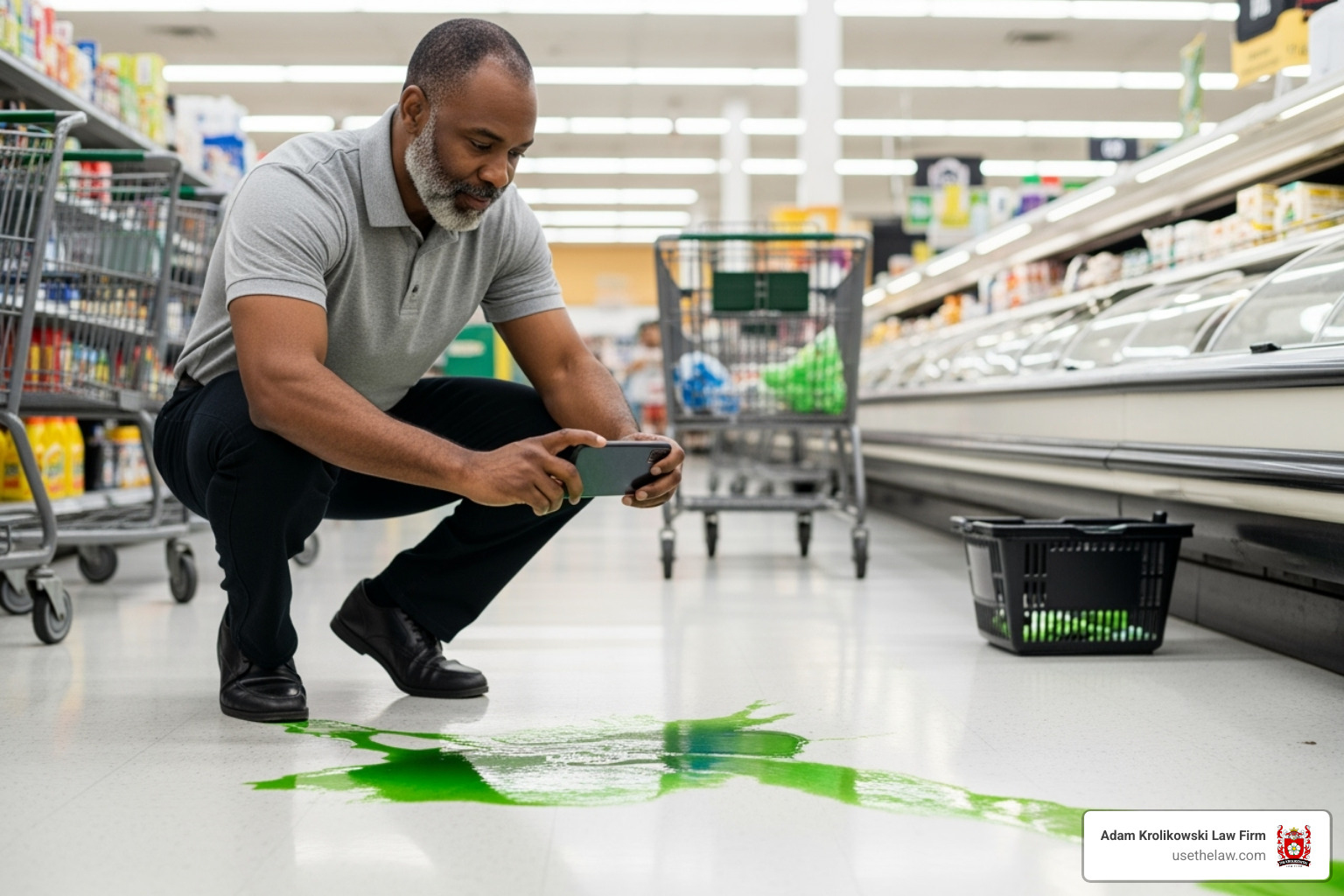 person taking a photo of a hazardous spill on a grocery store floor - premises liability accident lawyer