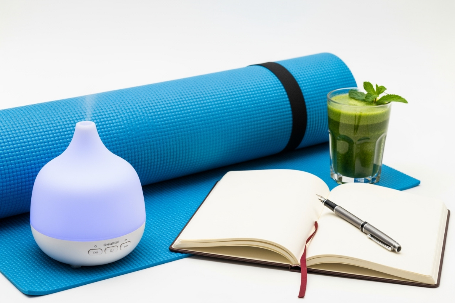 Image of a collection of wellness tools like a yoga mat, essential oil diffuser, a journal, and a healthy smoothie. - why is mental health important