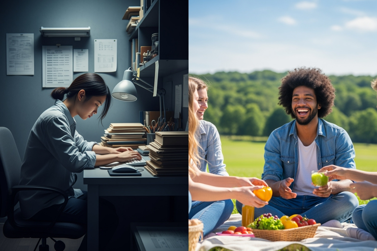 Image showing a split screen: one side with negative factors (stress, isolation) and the other with positive factors (nature, connection, healthy food). - why is mental health important