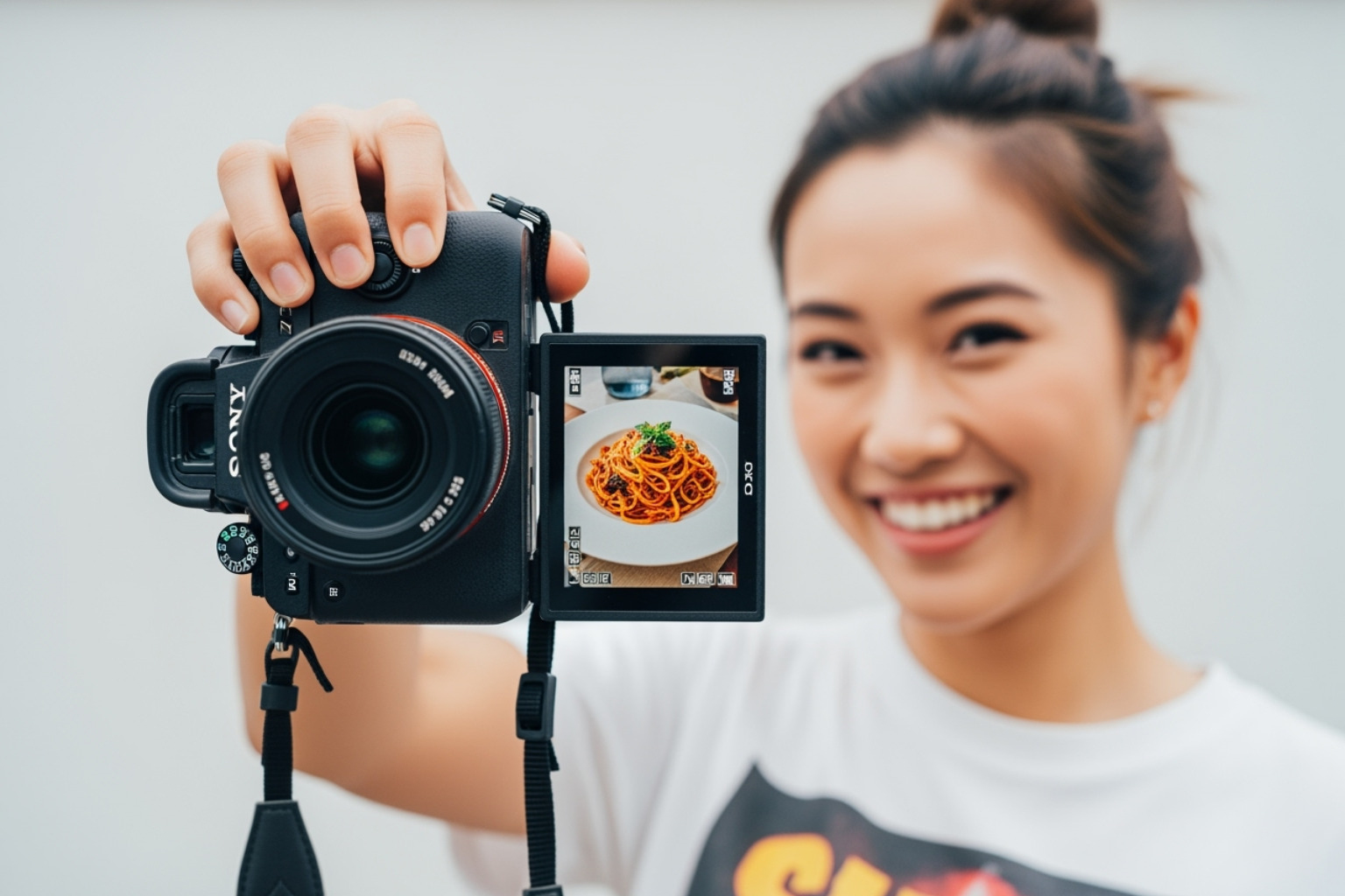 photographer happily showing their camera screen with a great shot - food photography workshops