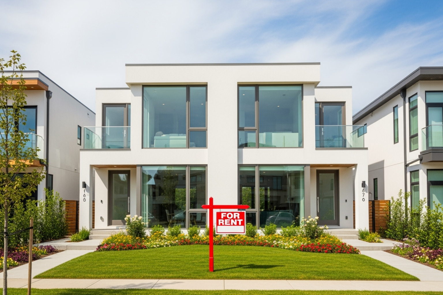 modern duplex with a "For Rent" sign - how to invest in real estate