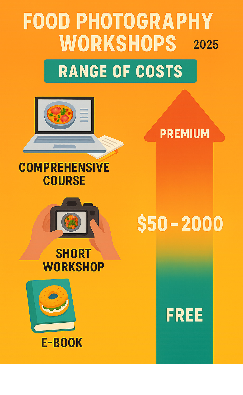 Infographic showing the range of costs for food photography workshops from free to premium, with examples of e-books, short workshops, and comprehensive courses - food photography workshops infographic 