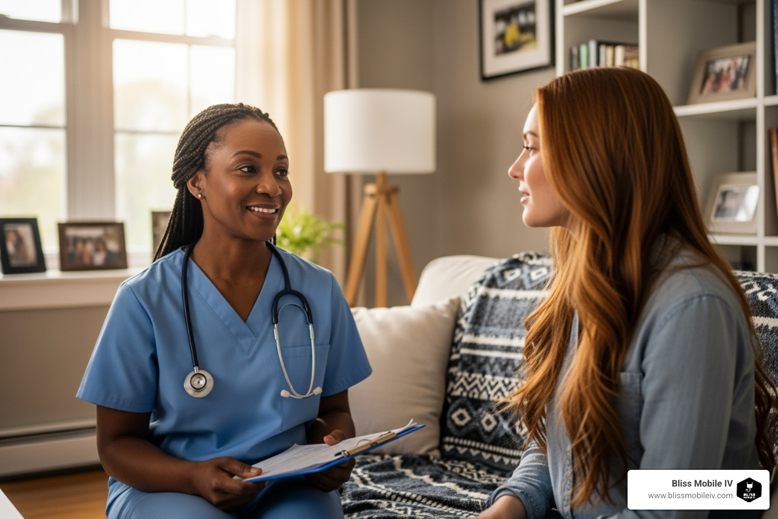 friendly registered nurse consulting with a patient in a comfortable setting - IV therapy for pain