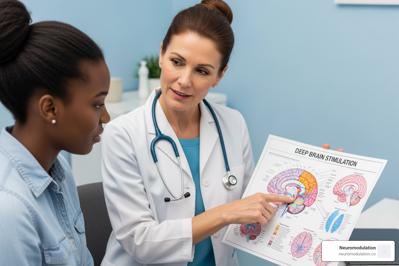 A healthcare professional explaining a brain diagram to a patient, discussing deep brain stimulation as a treatment option - deep brain stimulation (dbs)