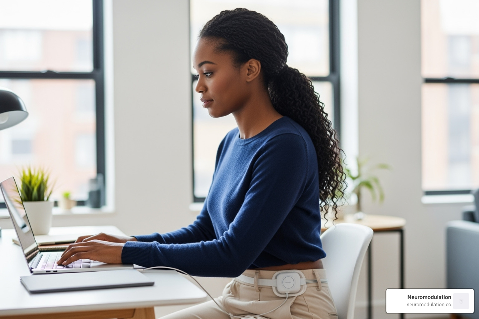 A patient wearing the external neurostimulator device on their belt during the trial period