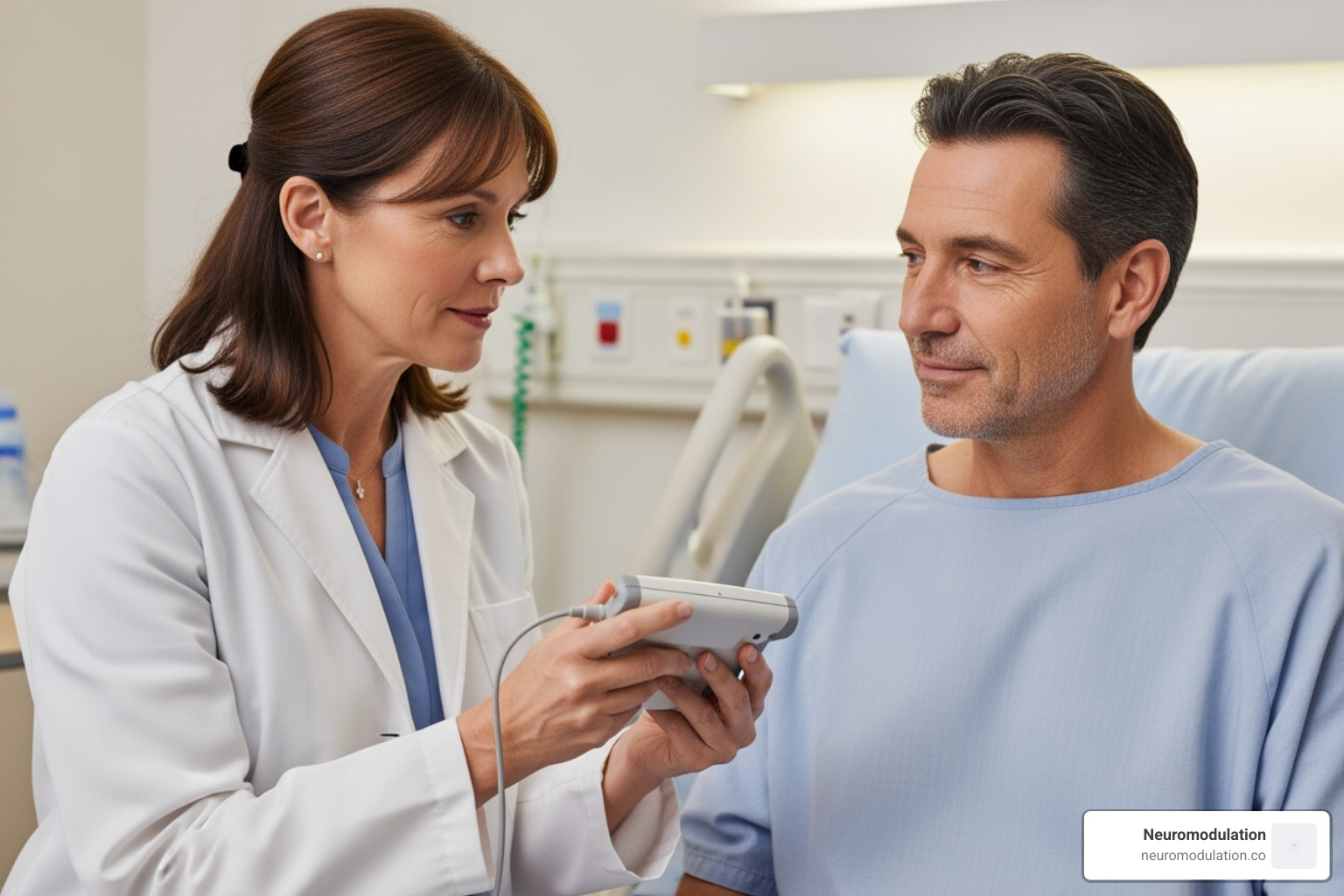 Clinician programming a patient's DBS device with a handheld controller - Deep brain stimulator Clinician programming a patient's DBS device with a handheld controller - Deep brain stimulator